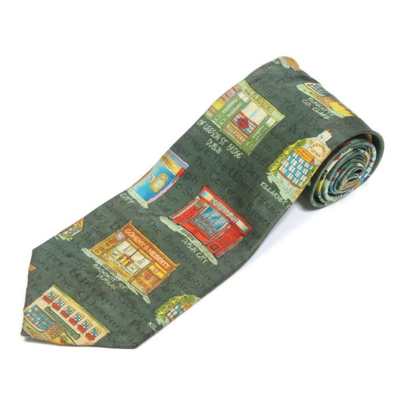 CARA CRAFT Ireland Landmark Dublin Stores Sightseeing Green Men's Silk Neck Tie - Picture 1 of 4